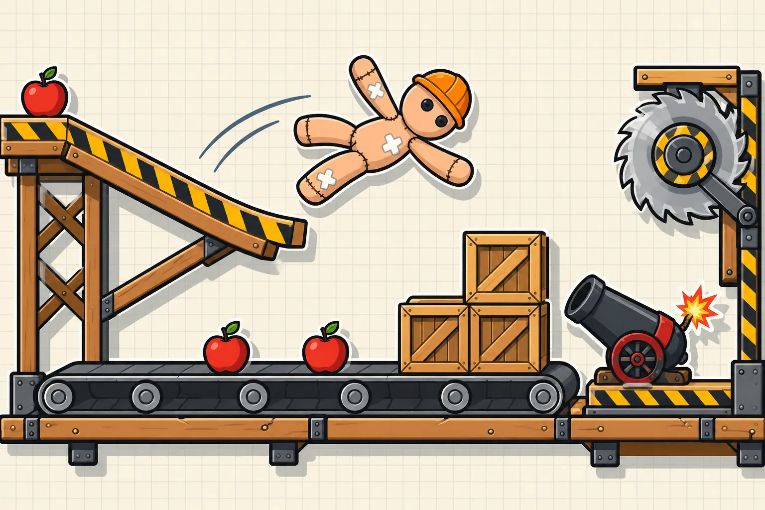 Illustrated ragdoll falling past a hazard ramp, apples, crates, a cannon and a saw